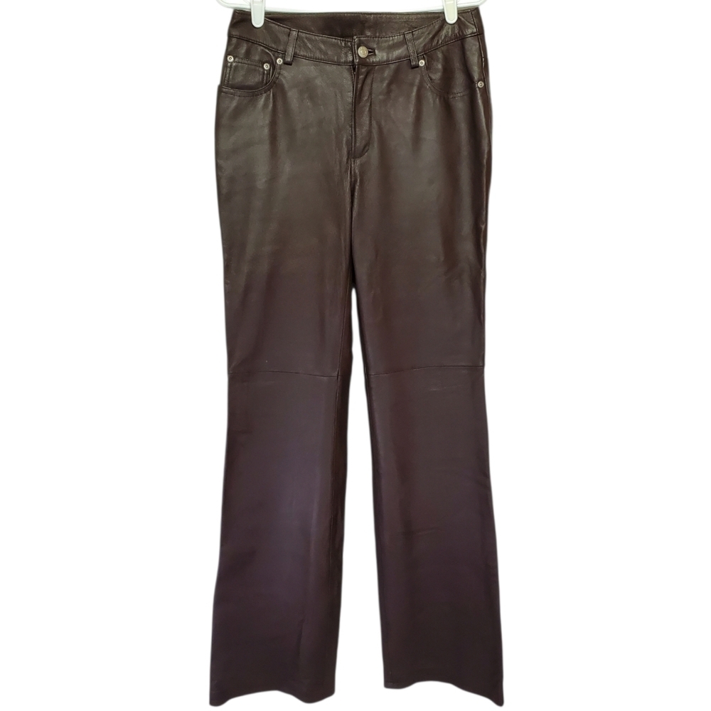 7590 * Newport News Jeanology Leather Pants Straight Leg Brown Size 6 Tall